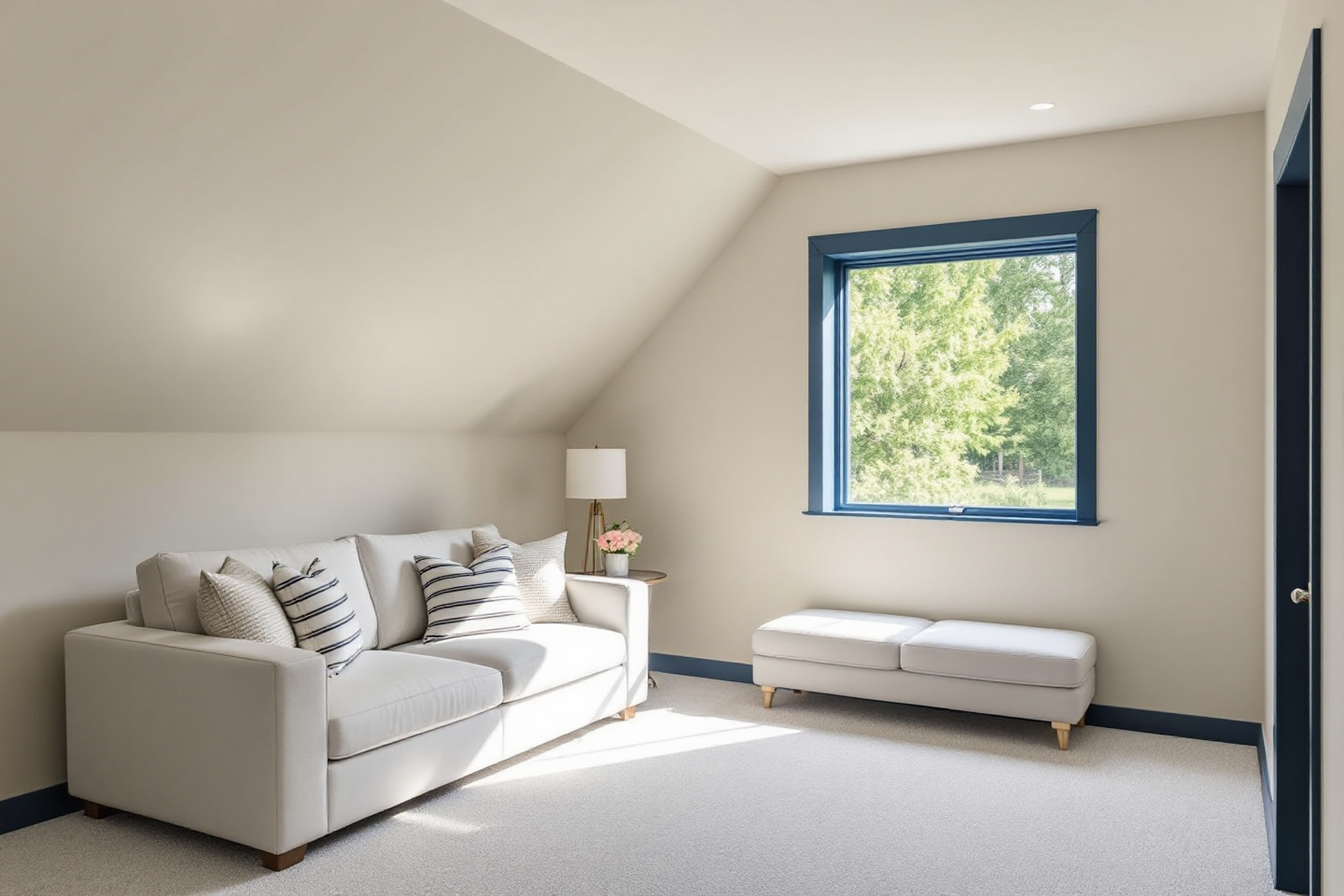 Basement room with blue-trimmed windows showcasing modern basement window design.