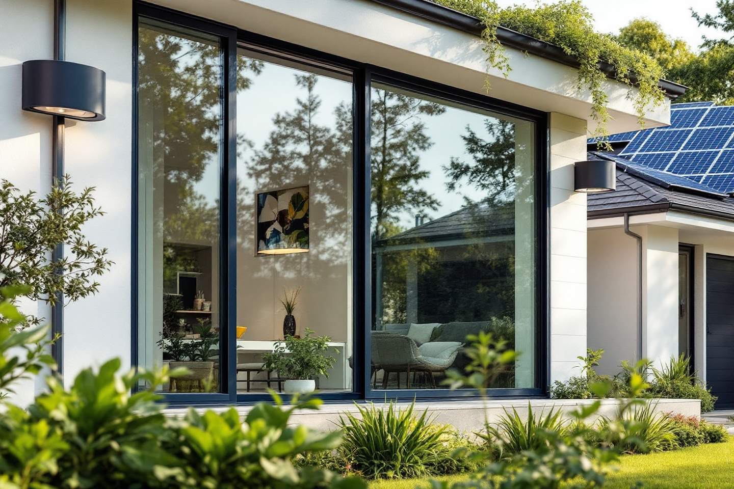 Modern home with energy-efficient floor-to-ceiling windows framed in black, surrounded by lush landscaping and solar panels on the roof
