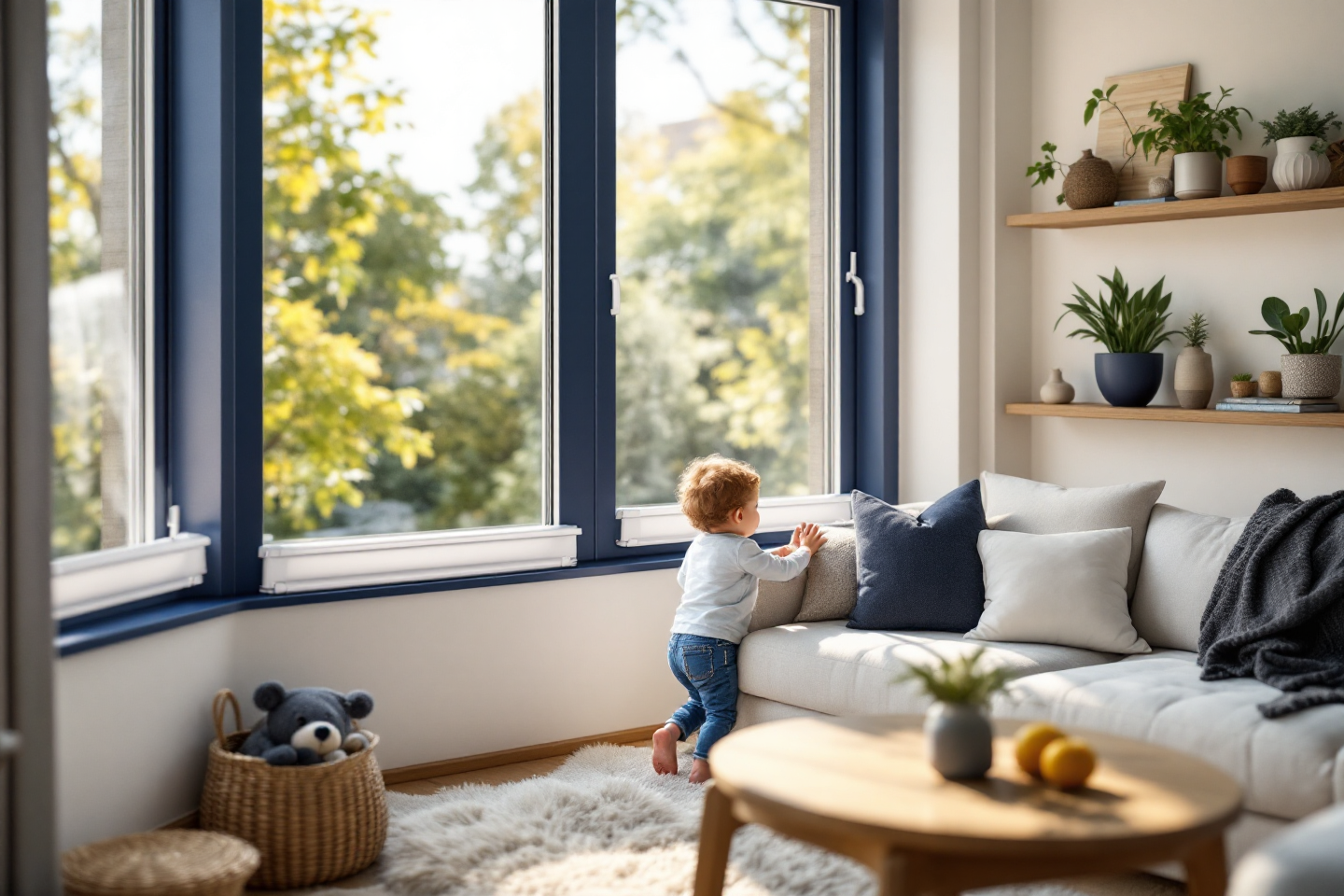 Detail of a modern locking mechanism on a residential window, showcasing safety features for child-proofing and intrusion prevention