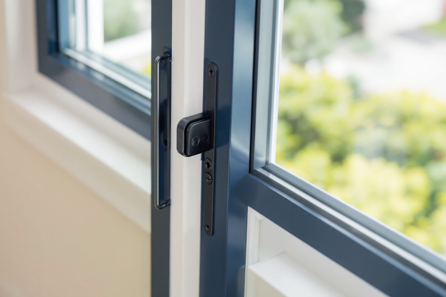 Close-up of a secure window lock system on a double-glazed window frame for enhanced home security