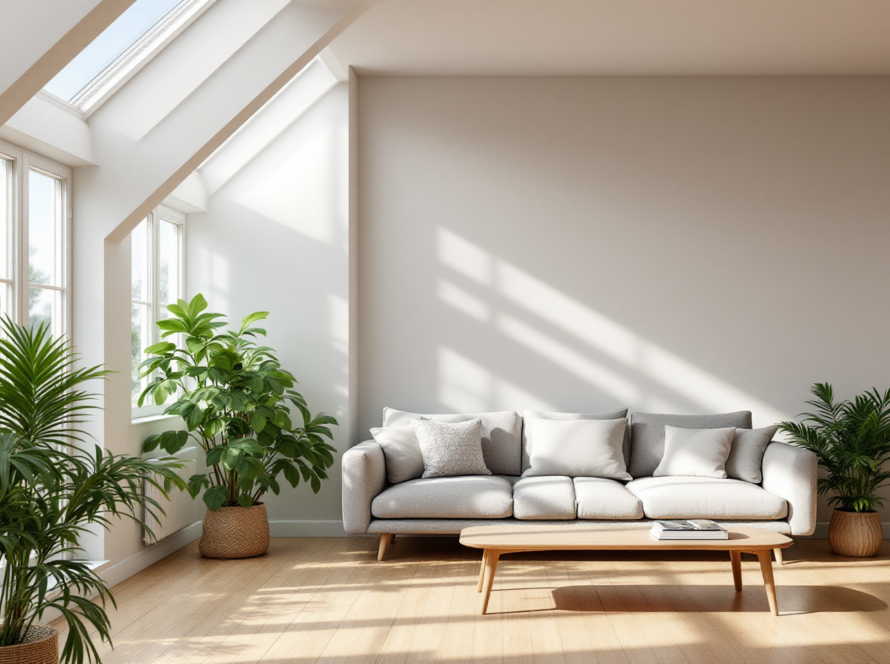 Bright living room featuring large windows and angled skylights that flood the interior with natural light, enhancing space and wellness.